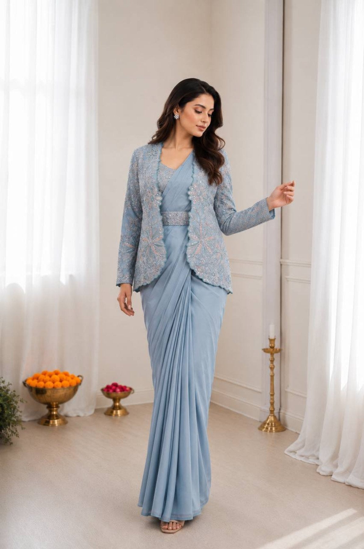 Blue Saree - side drape view