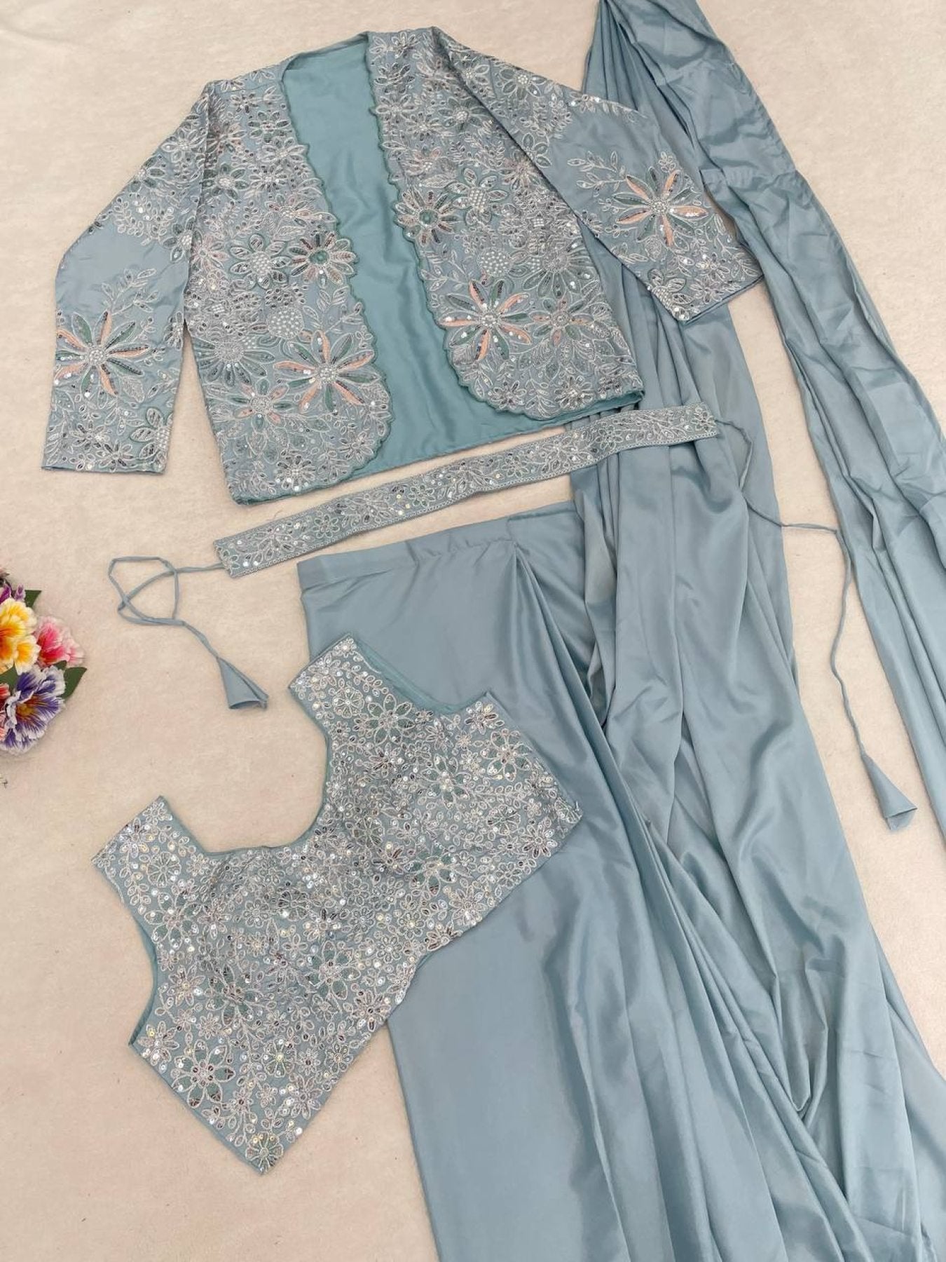 Blue Saree - Embroidery back view