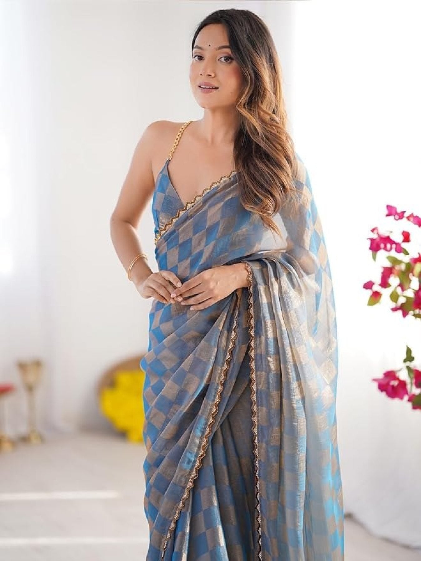 Gold Chiffon Saree - blouse and border close-up