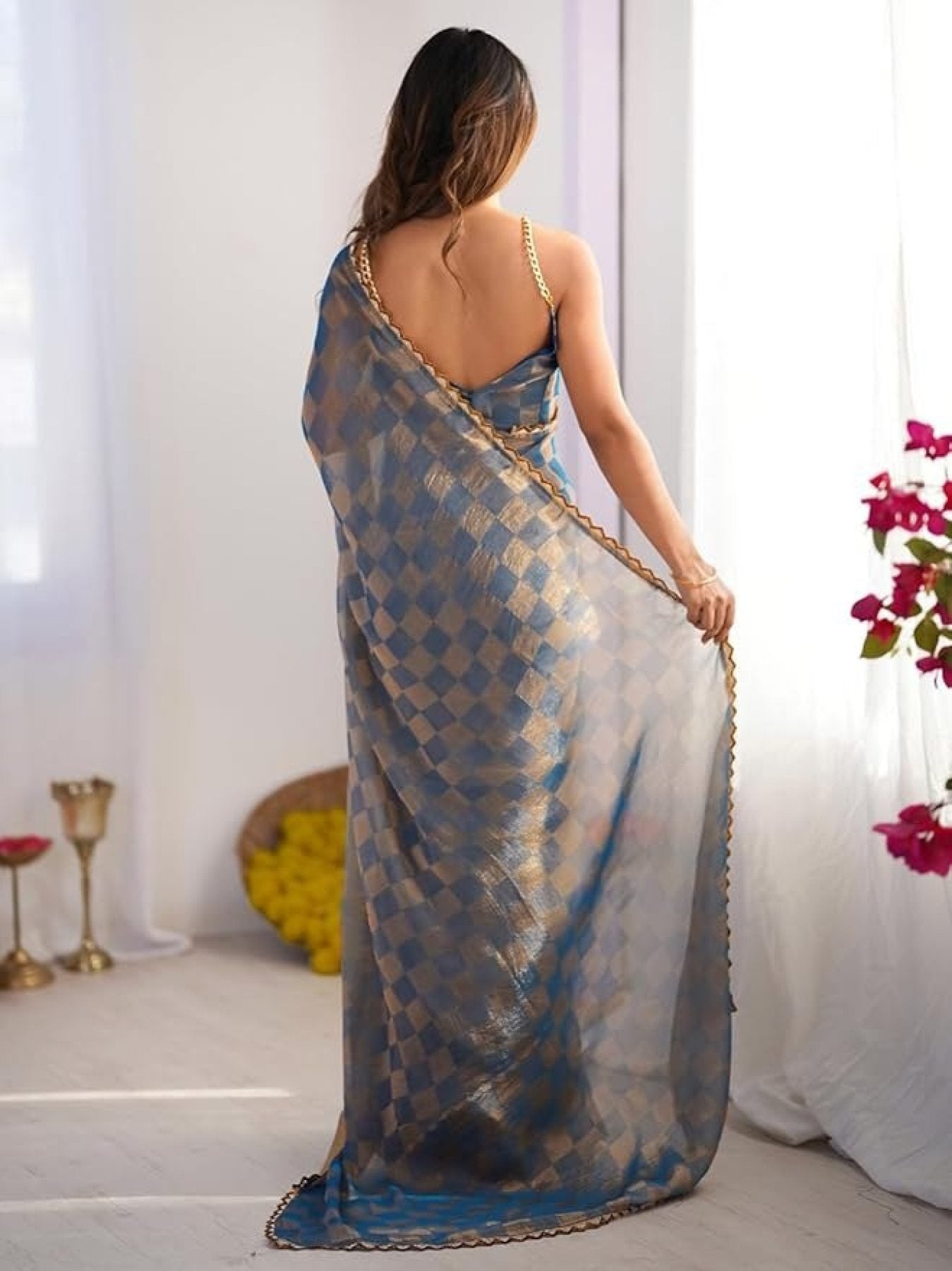 Gold Chiffon Saree - embroidery work detail