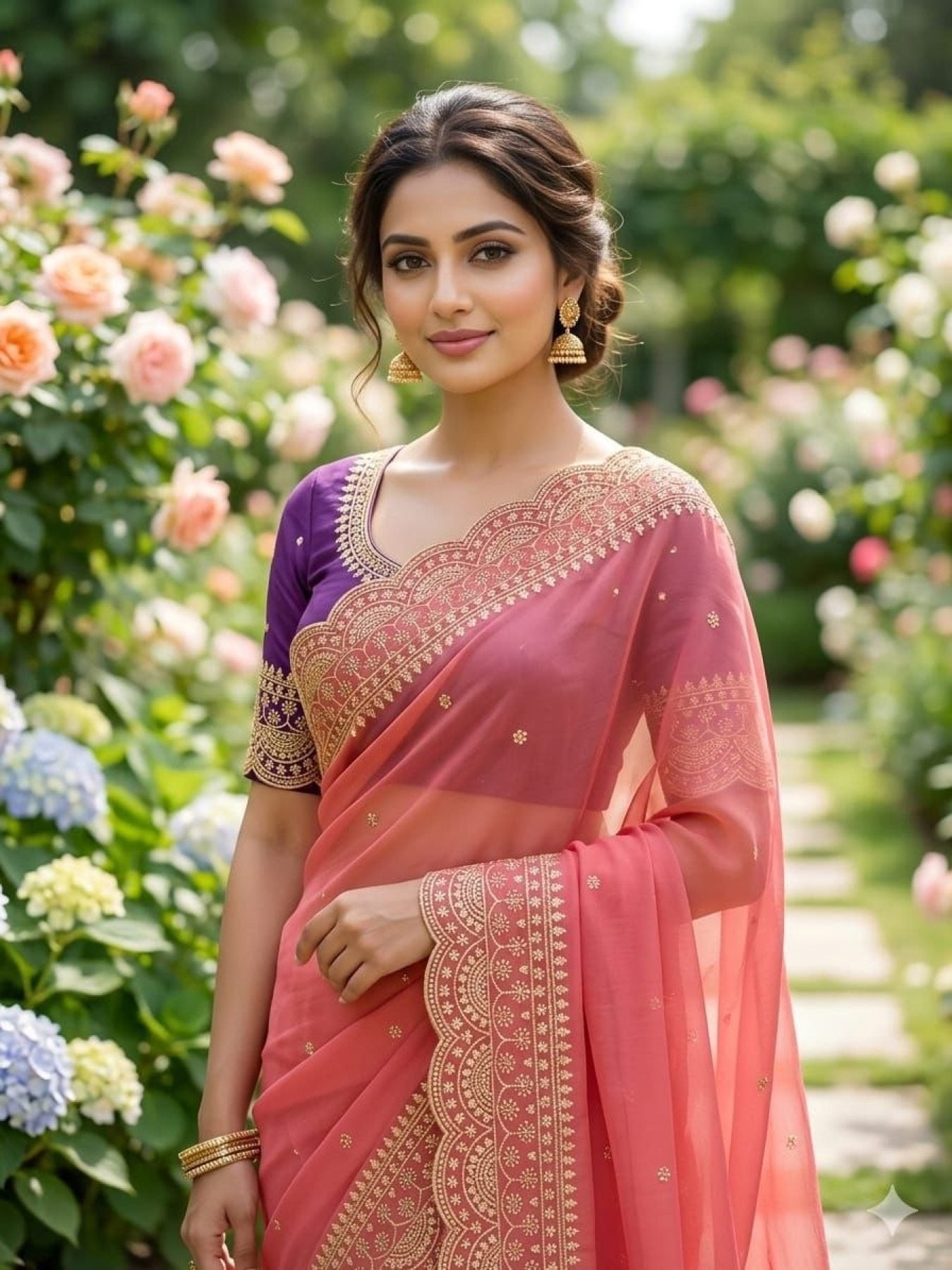 Peach Georgette Saree - side drape view