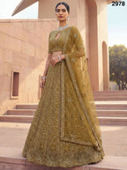 Golden Net Bridal Lehenga with Crystal and Sequins Work for Wedding Wear full drape view