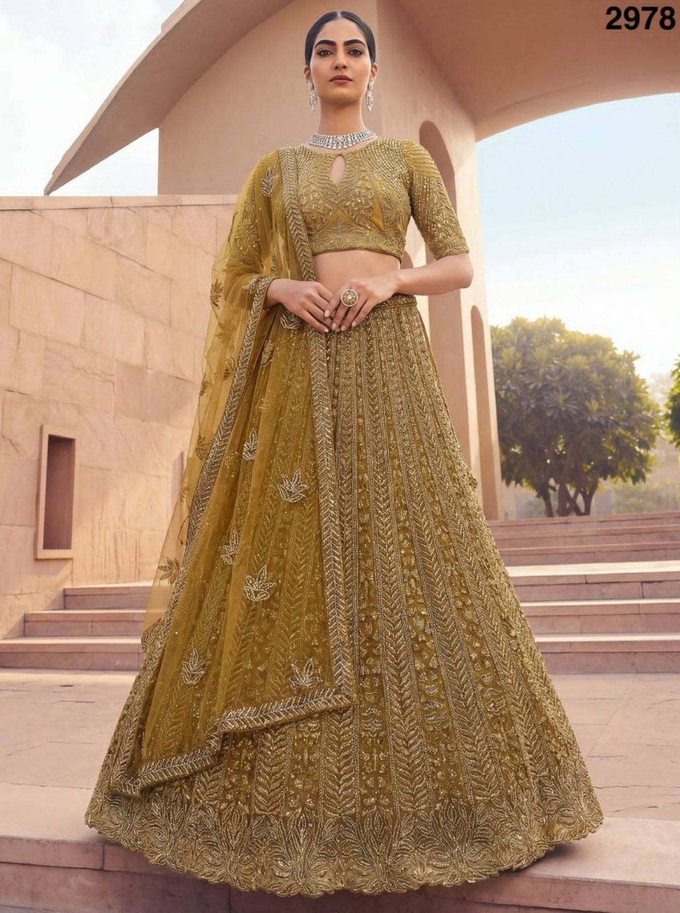 Golden Net Bridal Lehenga with Crystal and Sequins Work for Wedding Wear blouse and dupatta detail