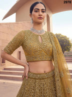 Golden Net Bridal Lehenga with Crystal and Sequins Work for Wedding Wear embroidery close-up