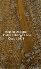 Golden Net Bridal Lehenga with Crystal and Sequins Work for Wedding Wear fabric texture detail