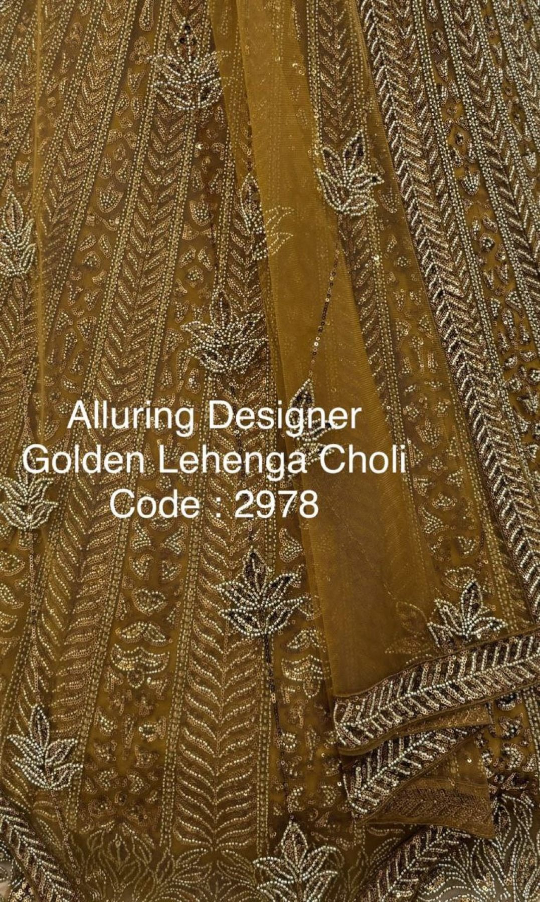 Golden Net Bridal Lehenga with Crystal and Sequins Work for Wedding Wear fabric texture detail