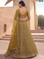 Golden Net Bridal Lehenga with Crystal and Sequins Work for Wedding Wear back view