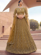 Golden Net Bridal Lehenga with Crystal and Sequins Work for Wedding Wear front view