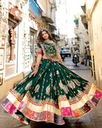 Green Muslin Cotton Mirror Work Lehenga Choli for Navratri and Garba Nights front view