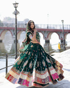 Green Muslin Cotton Mirror Work Lehenga Choli for Navratri and Garba Nights full drape view