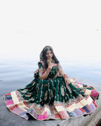 Green Muslin Cotton Mirror Work Lehenga Choli for Navratri and Garba Nights blouse and dupatta detail