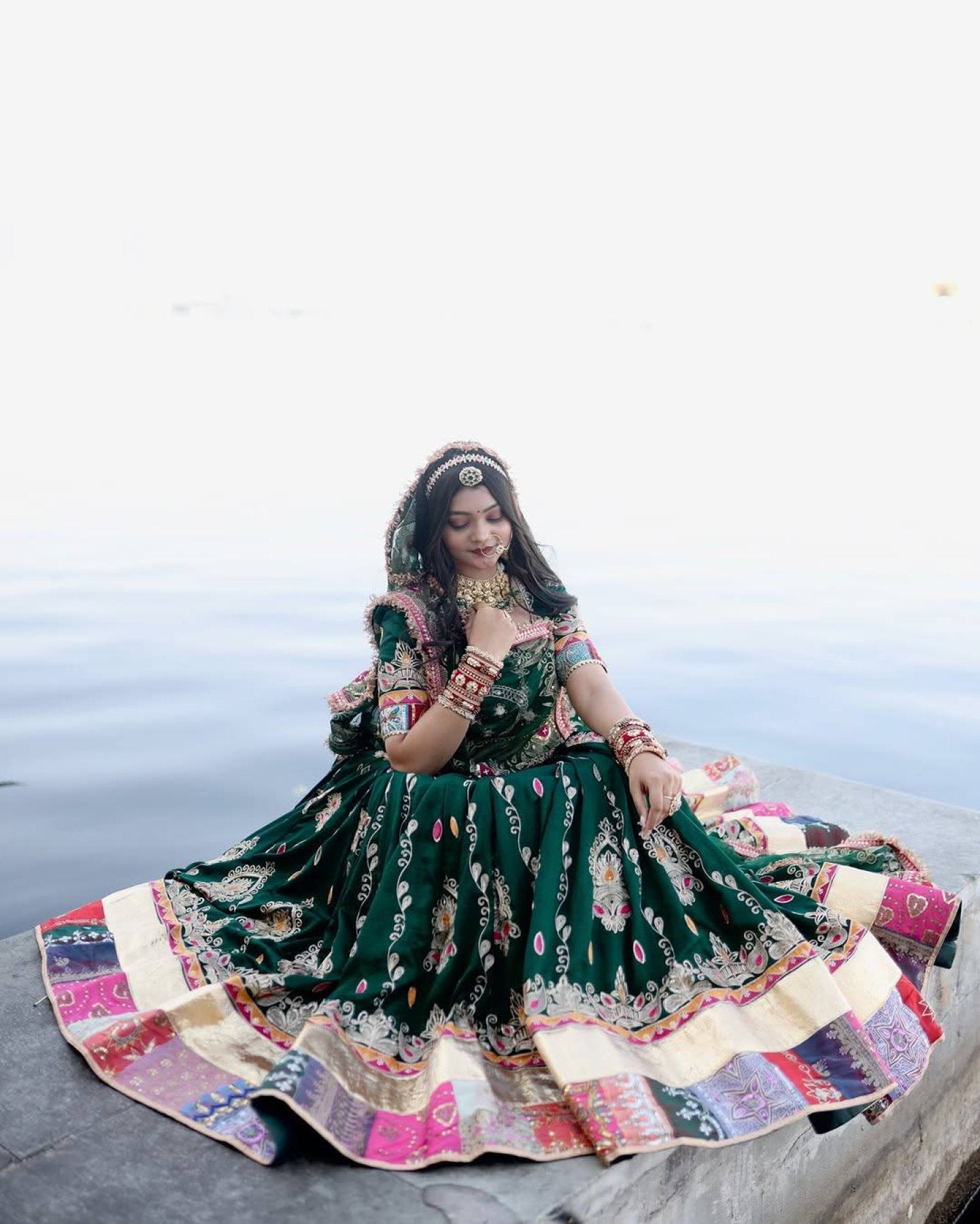 Green Muslin Cotton Mirror Work Lehenga Choli for Navratri and Garba Nights blouse and dupatta detail