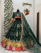 Green Muslin Cotton Mirror Work Lehenga Choli for Navratri and Garba Nights embroidery close-up