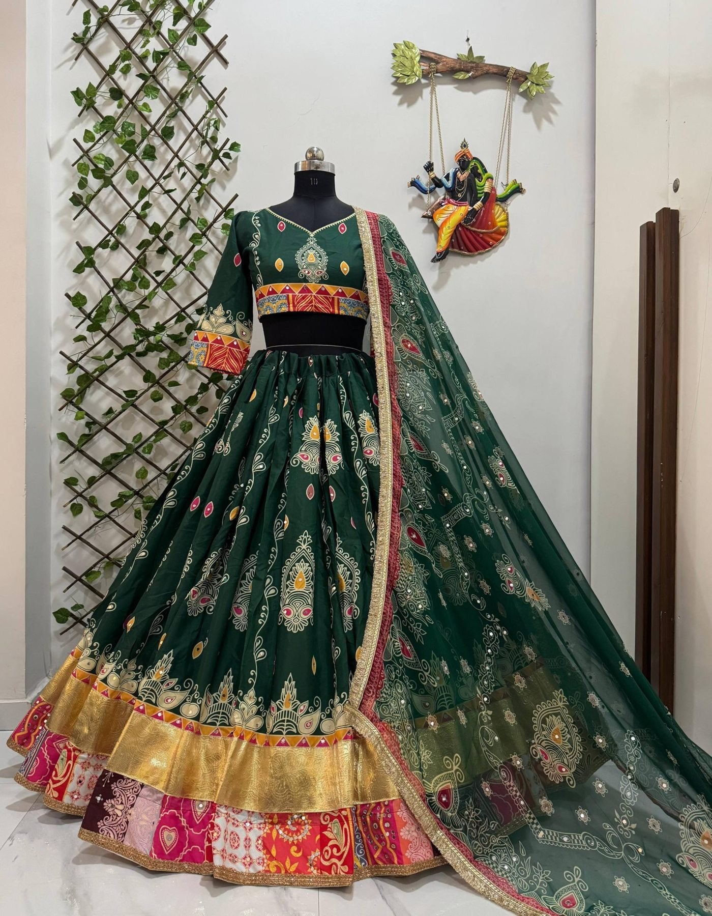 Green Muslin Cotton Mirror Work Lehenga Choli for Navratri and Garba Nights embroidery close-up