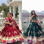 Green Muslin Cotton Mirror Work Lehenga Choli for Navratri and Garba Nights full drape view