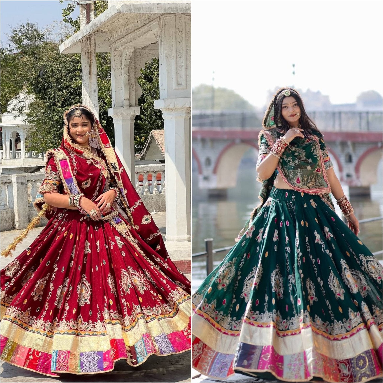 Green Muslin Cotton Mirror Work Lehenga Choli for Navratri and Garba Nights full drape view