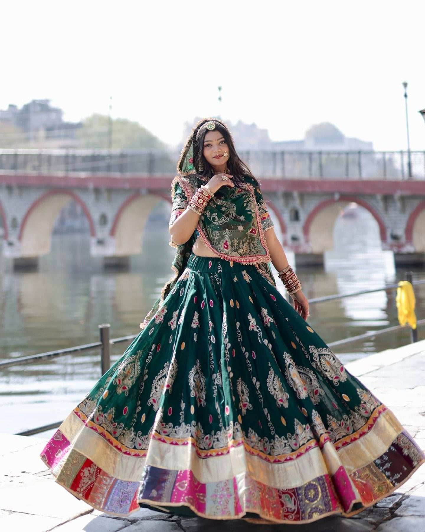Green Muslin Cotton Mirror Work Lehenga Choli for Navratri and Garba Nights blouse and dupatta detail