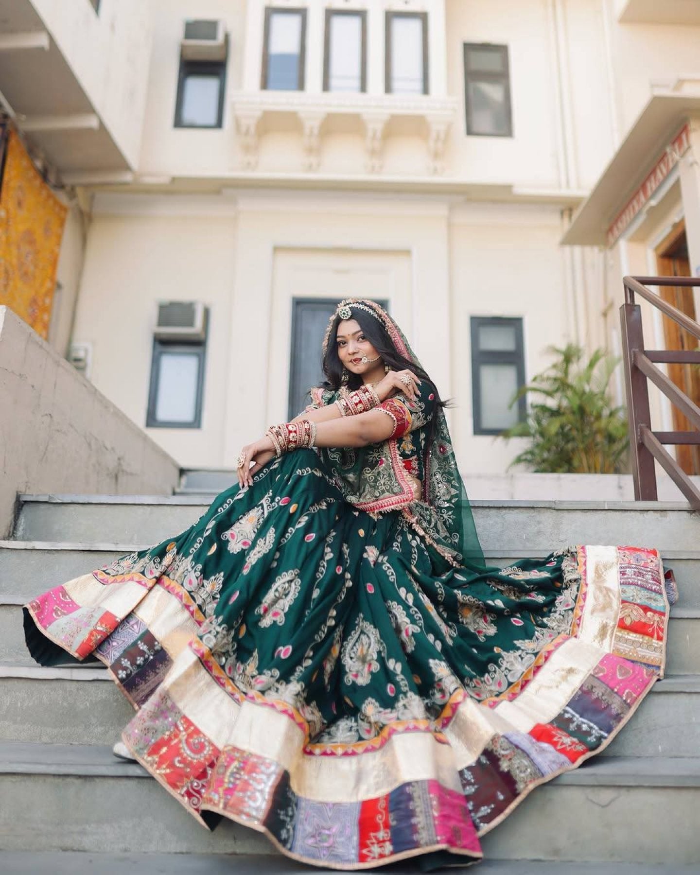 Green Muslin Cotton Mirror Work Lehenga Choli for Navratri and Garba Nights embroidery close-up