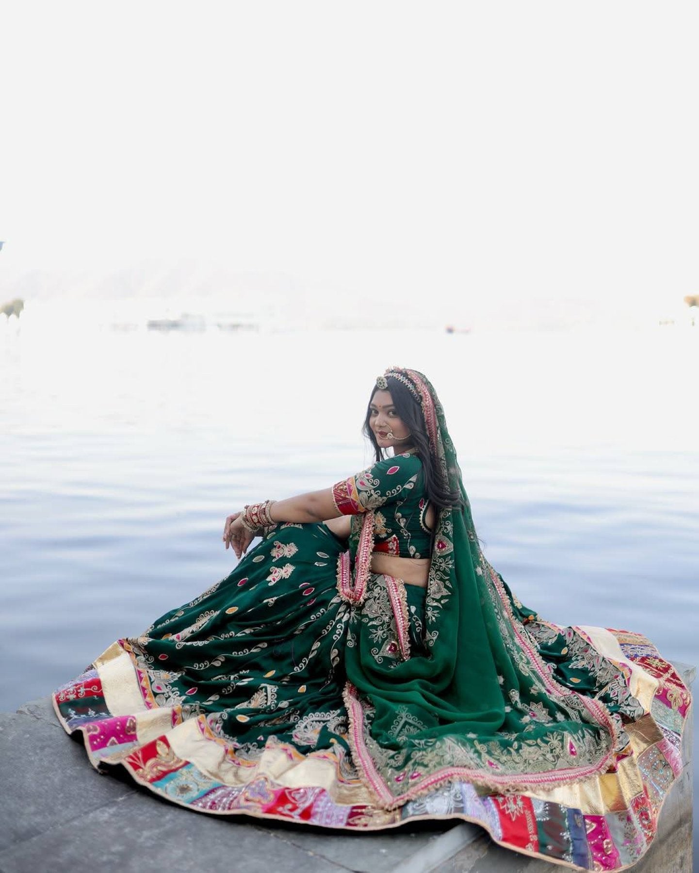 Green Muslin Cotton Mirror Work Lehenga Choli for Navratri and Garba Nights fabric texture detail