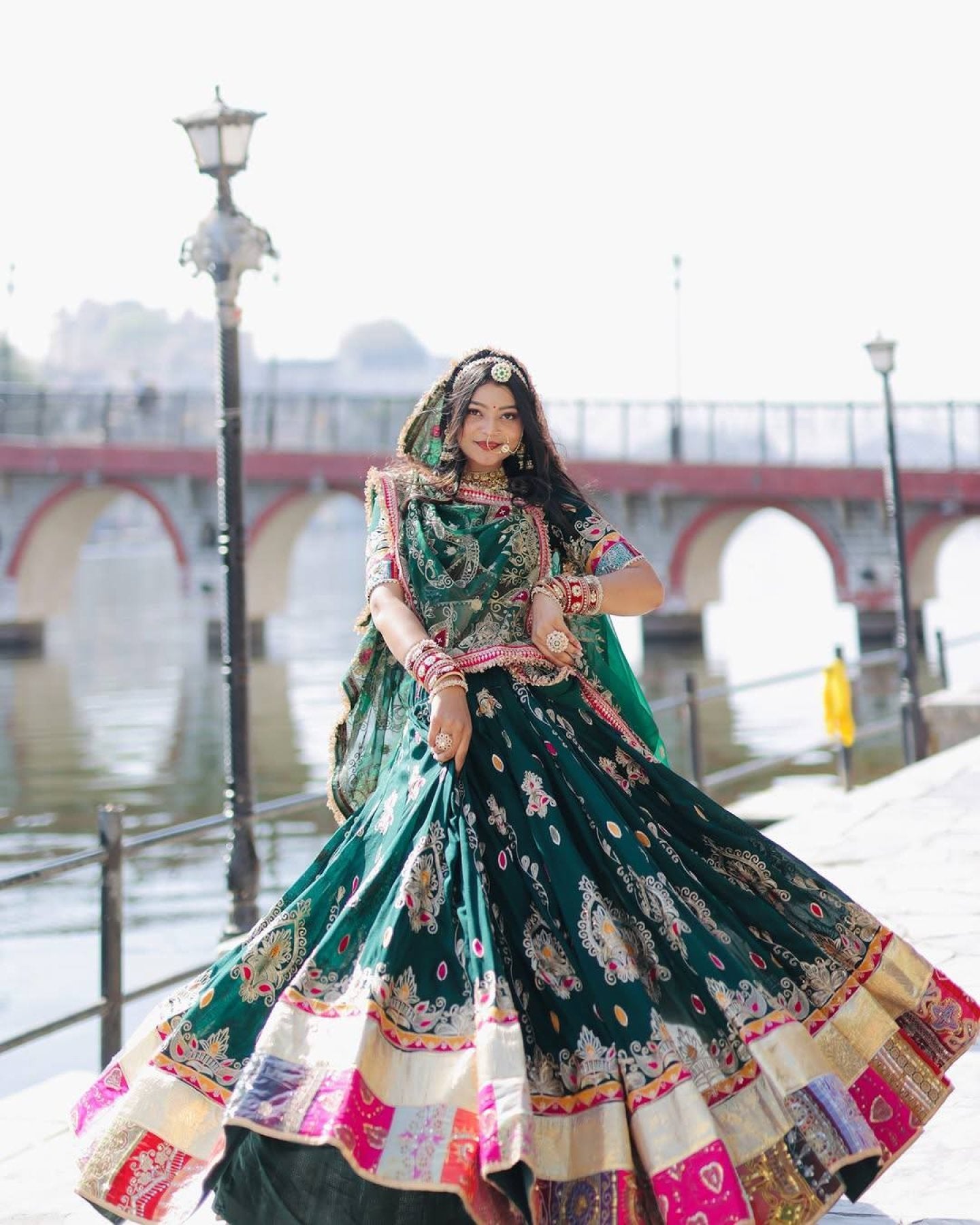 Green Muslin Cotton Mirror Work Lehenga Choli for Navratri and Garba Nights back view