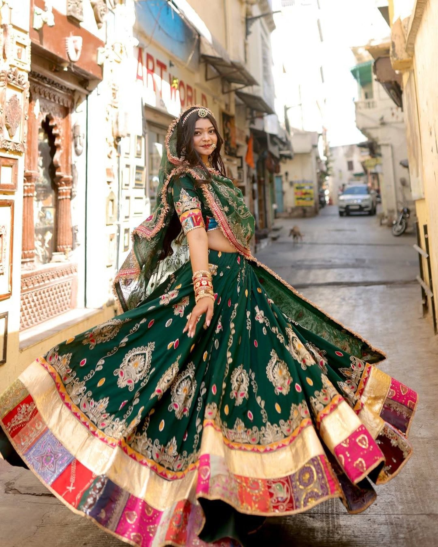 Green Muslin Cotton Mirror Work Lehenga Choli for Navratri and Garba Nights styling view