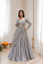 Grey Rangoli Silk Lehenga Choli Set with Sequins Embroidery blouse and dupatta detail