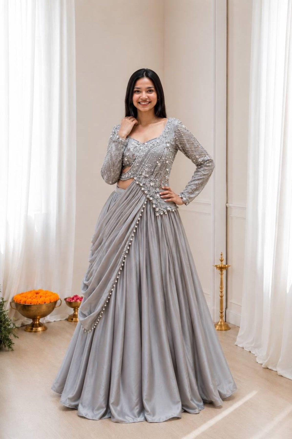 Grey Rangoli Silk Lehenga Choli Set with Sequins Embroidery blouse and dupatta detail