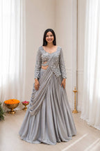 Grey Rangoli Silk Lehenga Choli Set with Sequins Embroidery detailed view