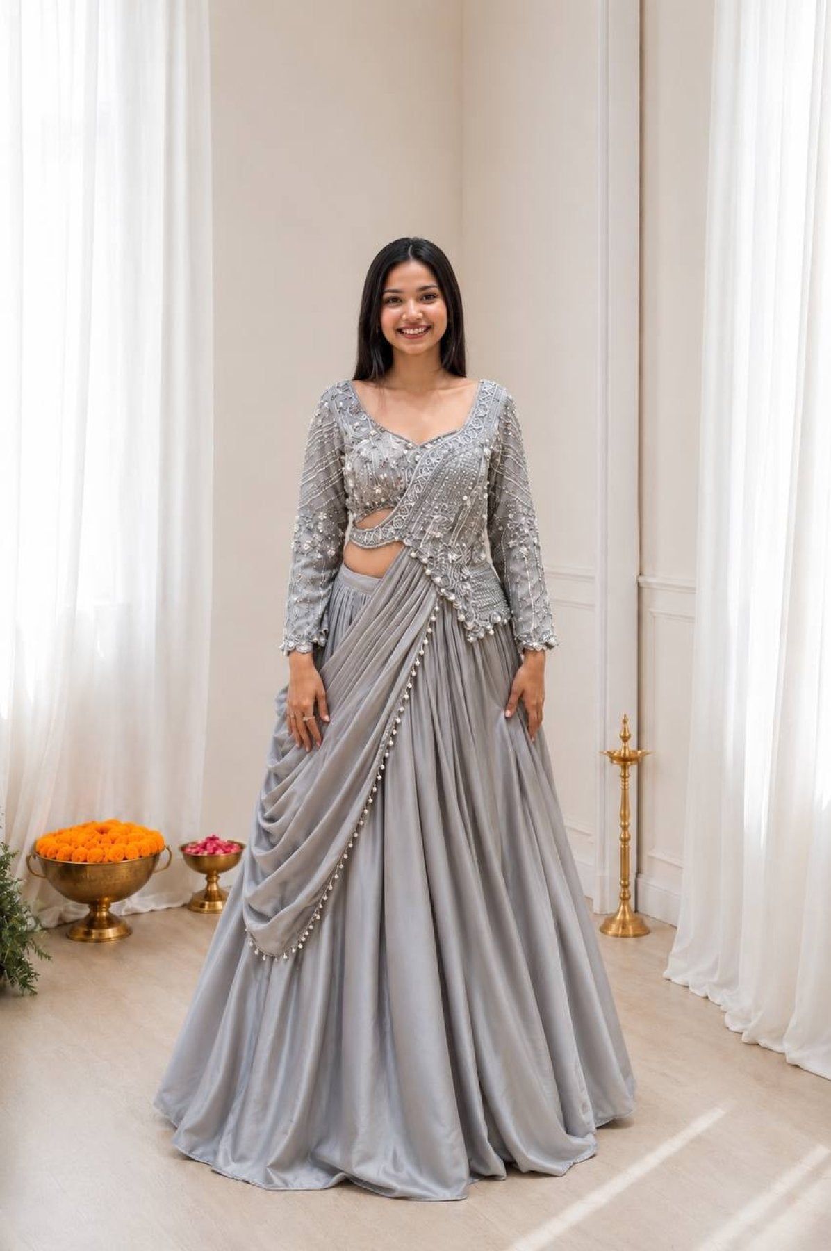 Grey Rangoli Silk Lehenga Choli Set with Sequins Embroidery detailed view
