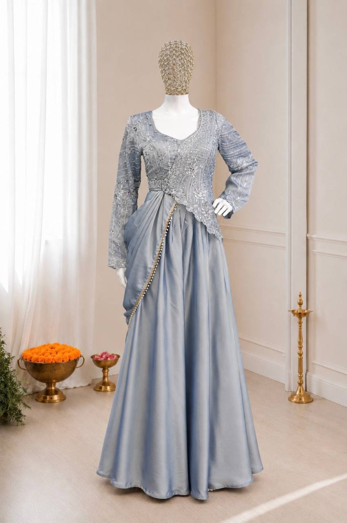 Grey Rangoli Silk Lehenga Choli Set with Sequins Embroidery fabric texture detail