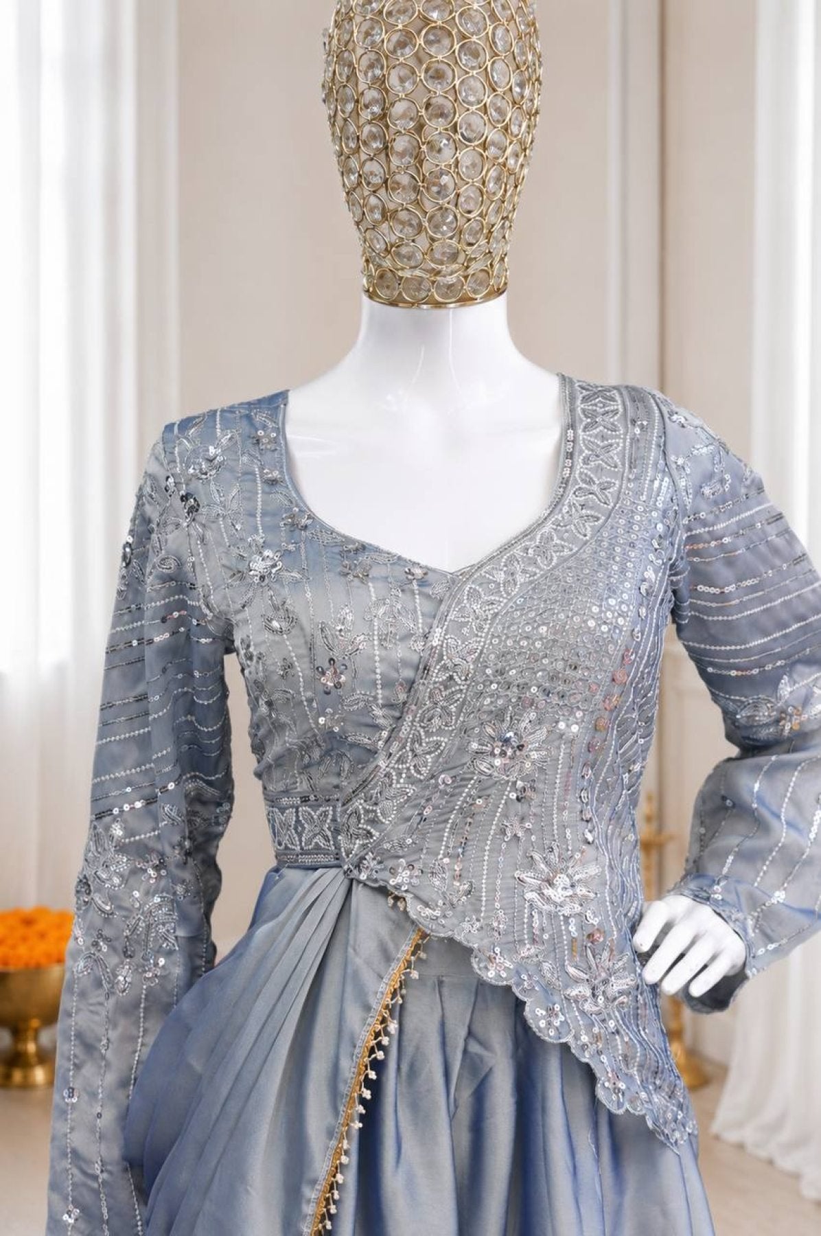 Grey Rangoli Silk Lehenga Choli Set with Sequins Embroidery back view