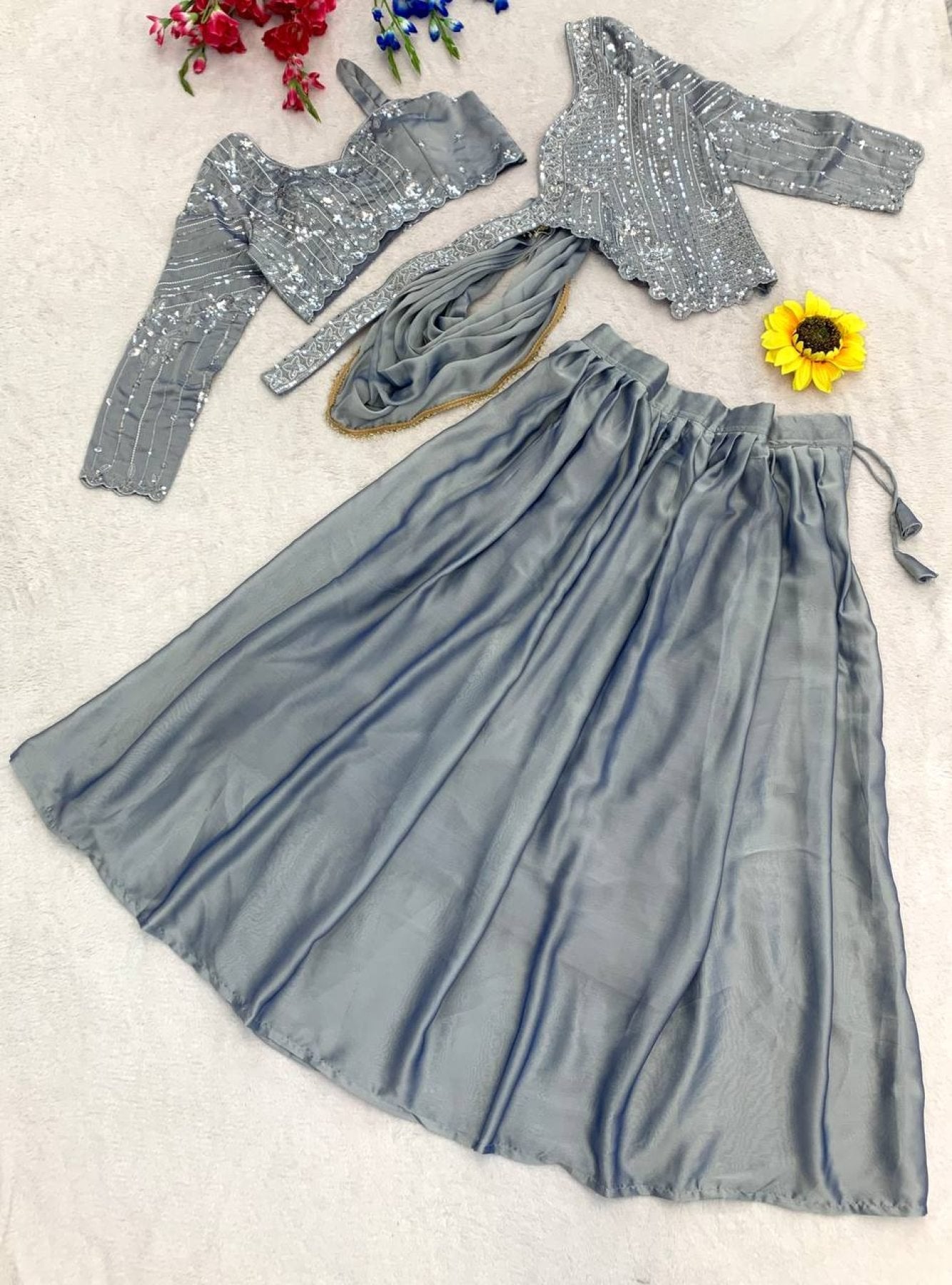 Grey Rangoli Silk Lehenga Choli Set with Sequins Embroidery styling view