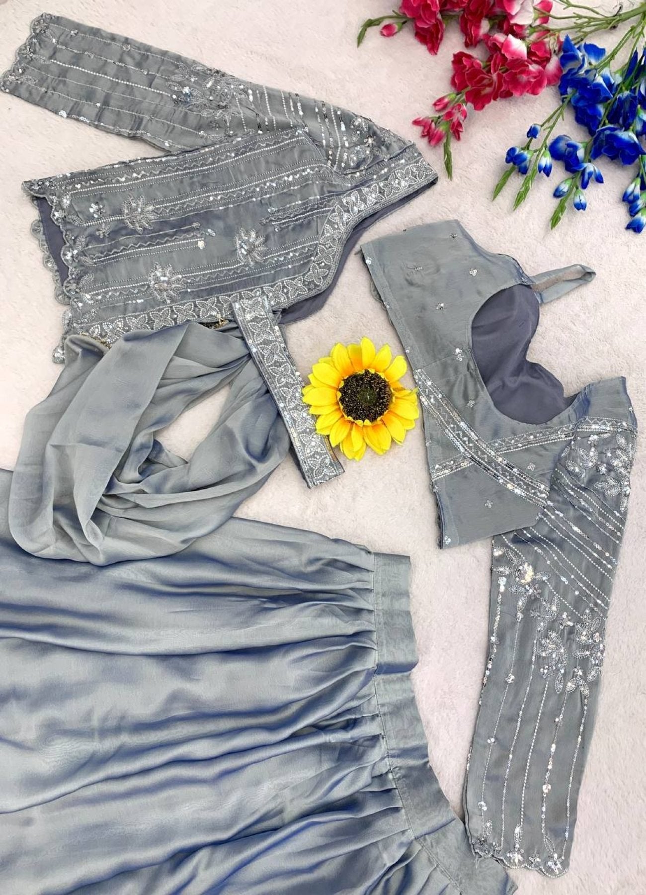 Grey Rangoli Silk Lehenga Choli Set with Sequins Embroidery front view
