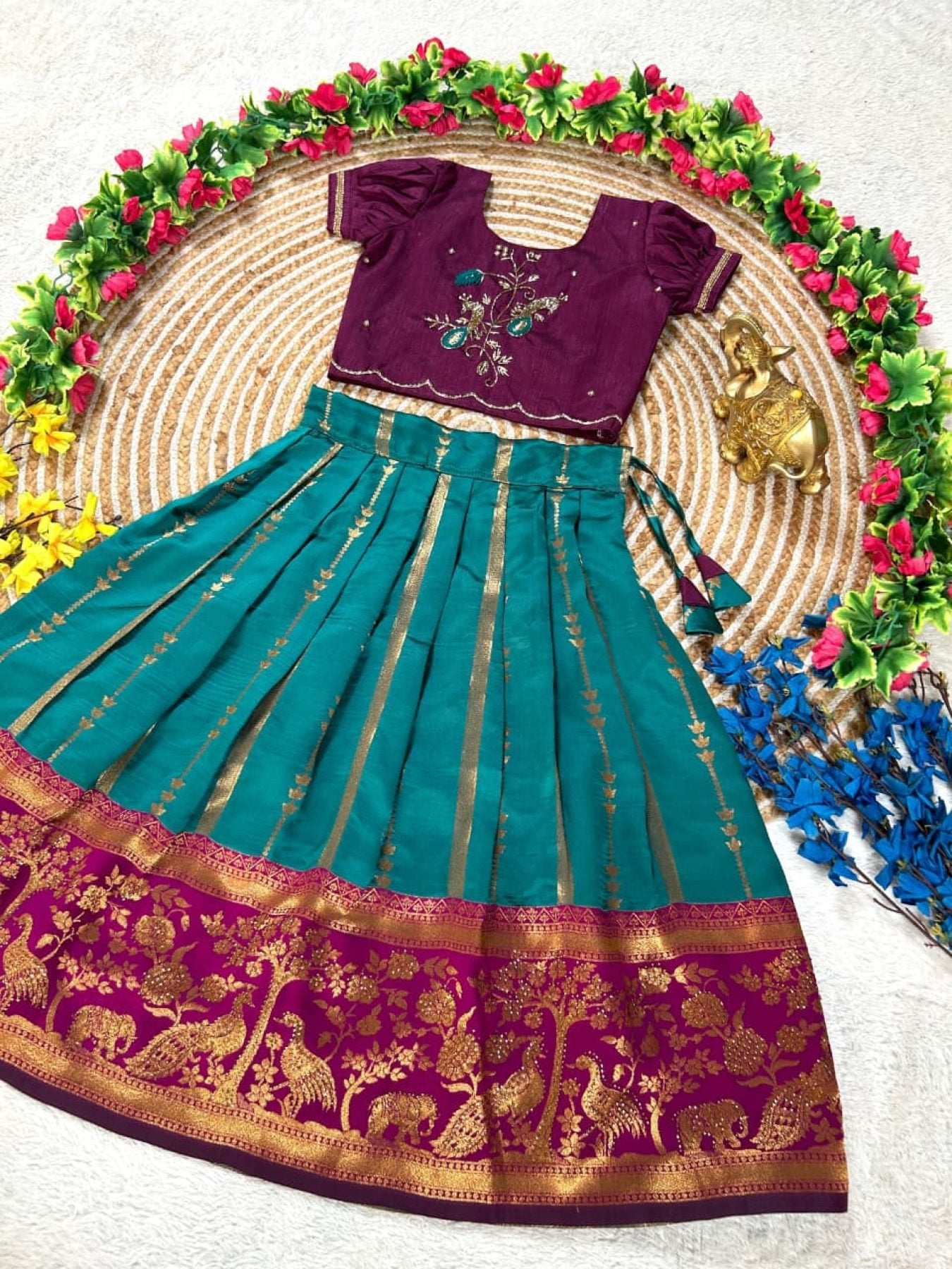 Pure Silk Lehenga Set with Maggam Work Blouse for Festive Wear fabric texture detail