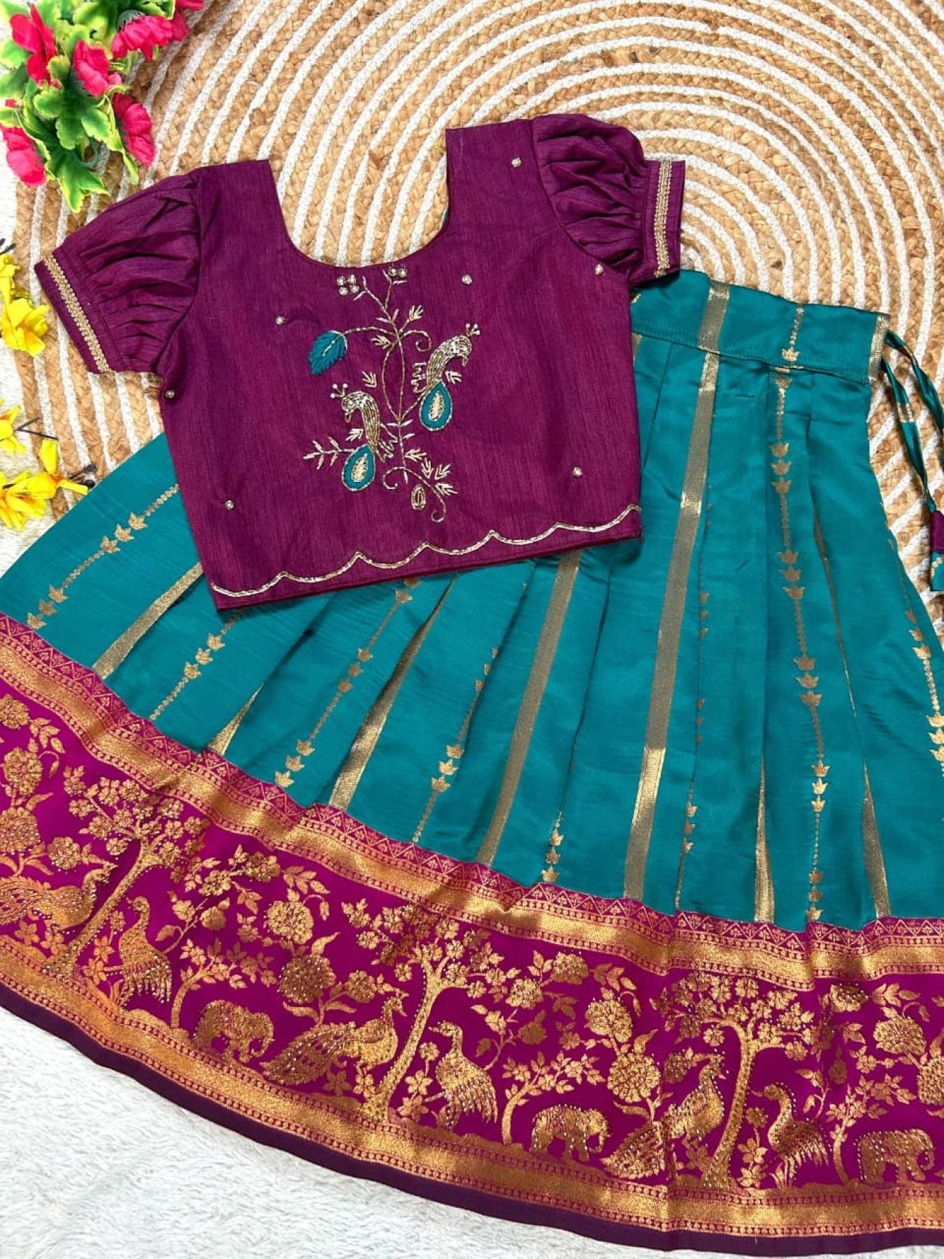 Pure Silk Lehenga Set with Maggam Work Blouse for Festive Wear colour variant view