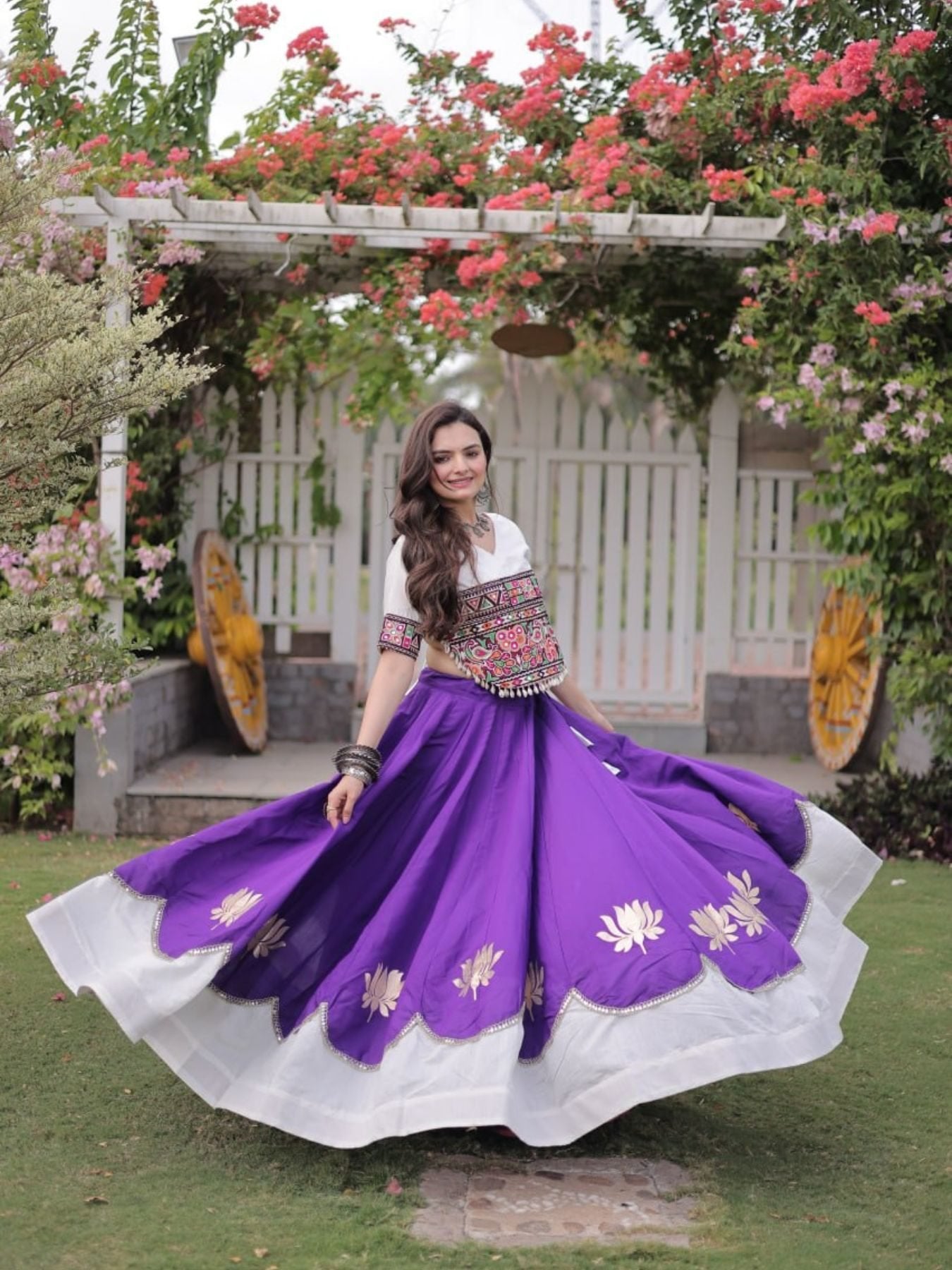 Roman Fabric Navratri Lehenga Choli with Kutchi Gamthi Embroidery Work front view
