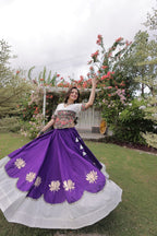 Roman Fabric Navratri Lehenga Choli with Kutchi Gamthi Embroidery Work full drape view
