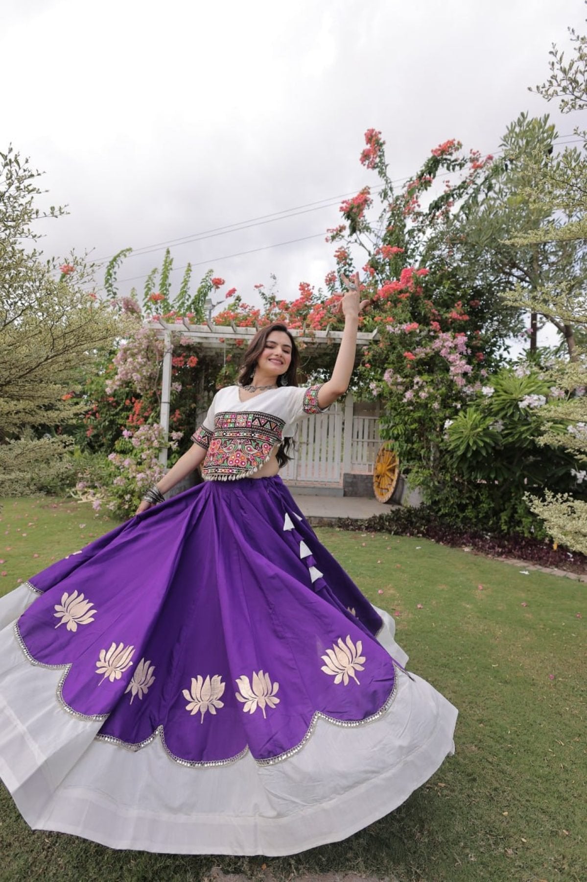 Roman Fabric Navratri Lehenga Choli with Kutchi Gamthi Embroidery Work full drape view