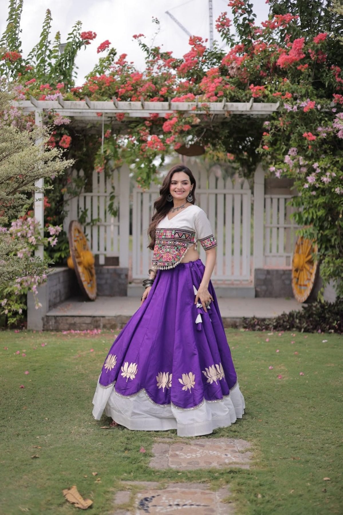 Roman Fabric Navratri Lehenga Choli with Kutchi Gamthi Embroidery Work detailed view