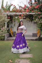 Roman Fabric Navratri Lehenga Choli with Kutchi Gamthi Embroidery Work detailed view