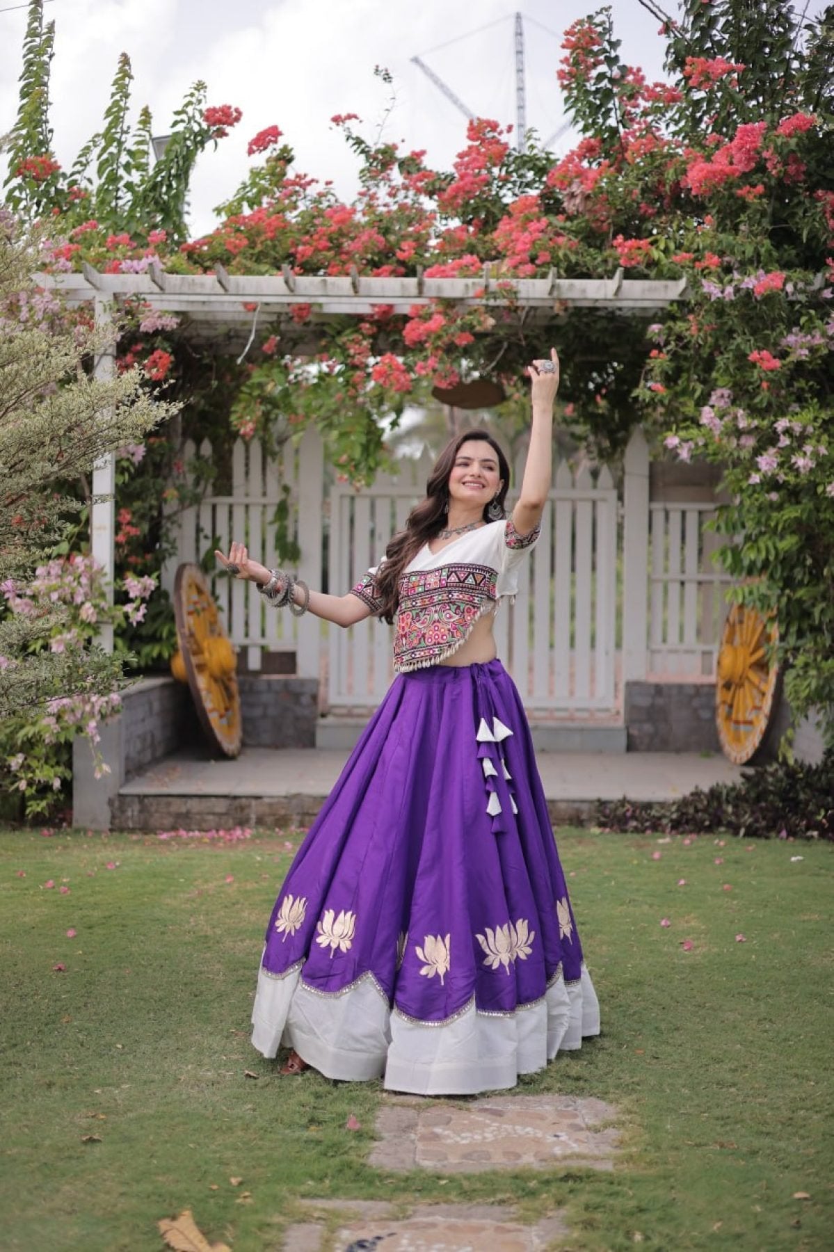Roman Fabric Navratri Lehenga Choli with Kutchi Gamthi Embroidery Work back view