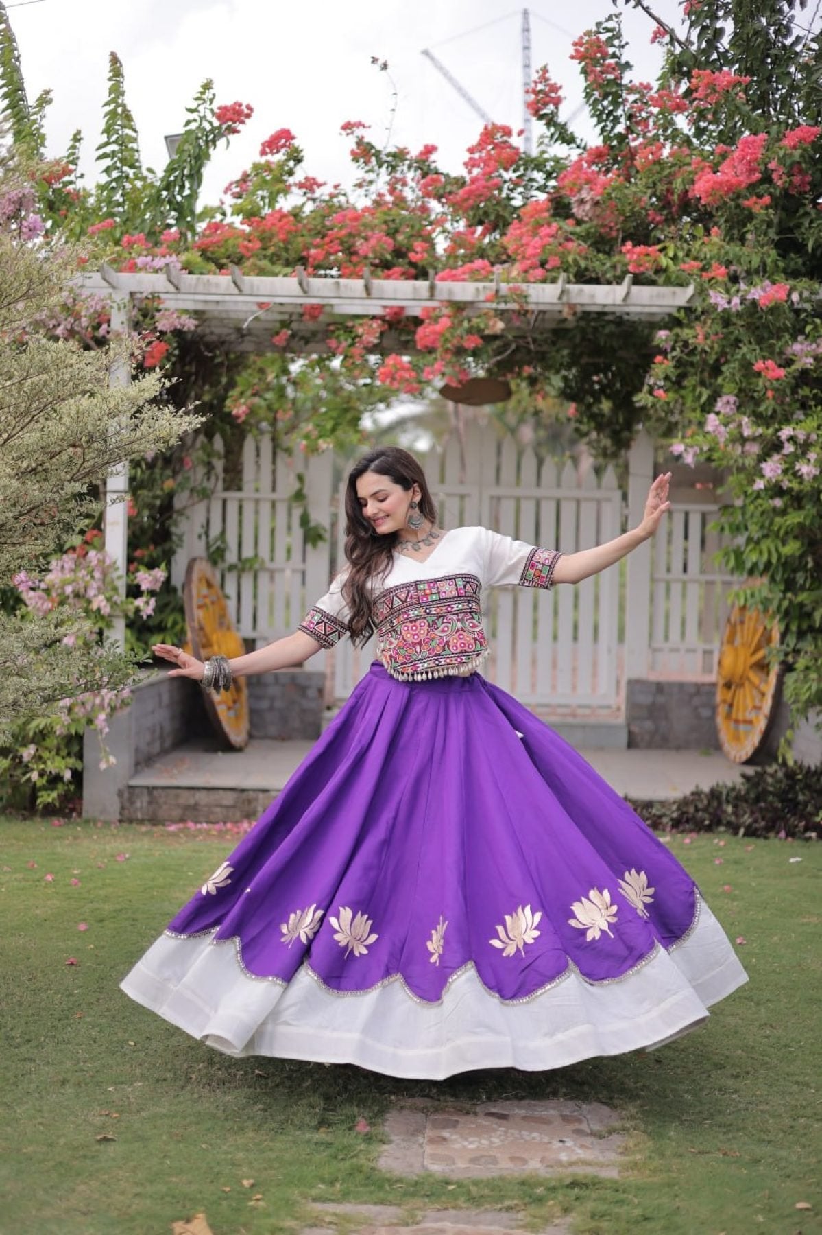 Roman Fabric Navratri Lehenga Choli with Kutchi Gamthi Embroidery Work colour variant view
