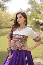 Roman Fabric Navratri Lehenga Choli with Kutchi Gamthi Embroidery Work front view
