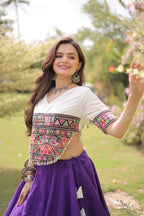 Roman Fabric Navratri Lehenga Choli with Kutchi Gamthi Embroidery Work full drape view