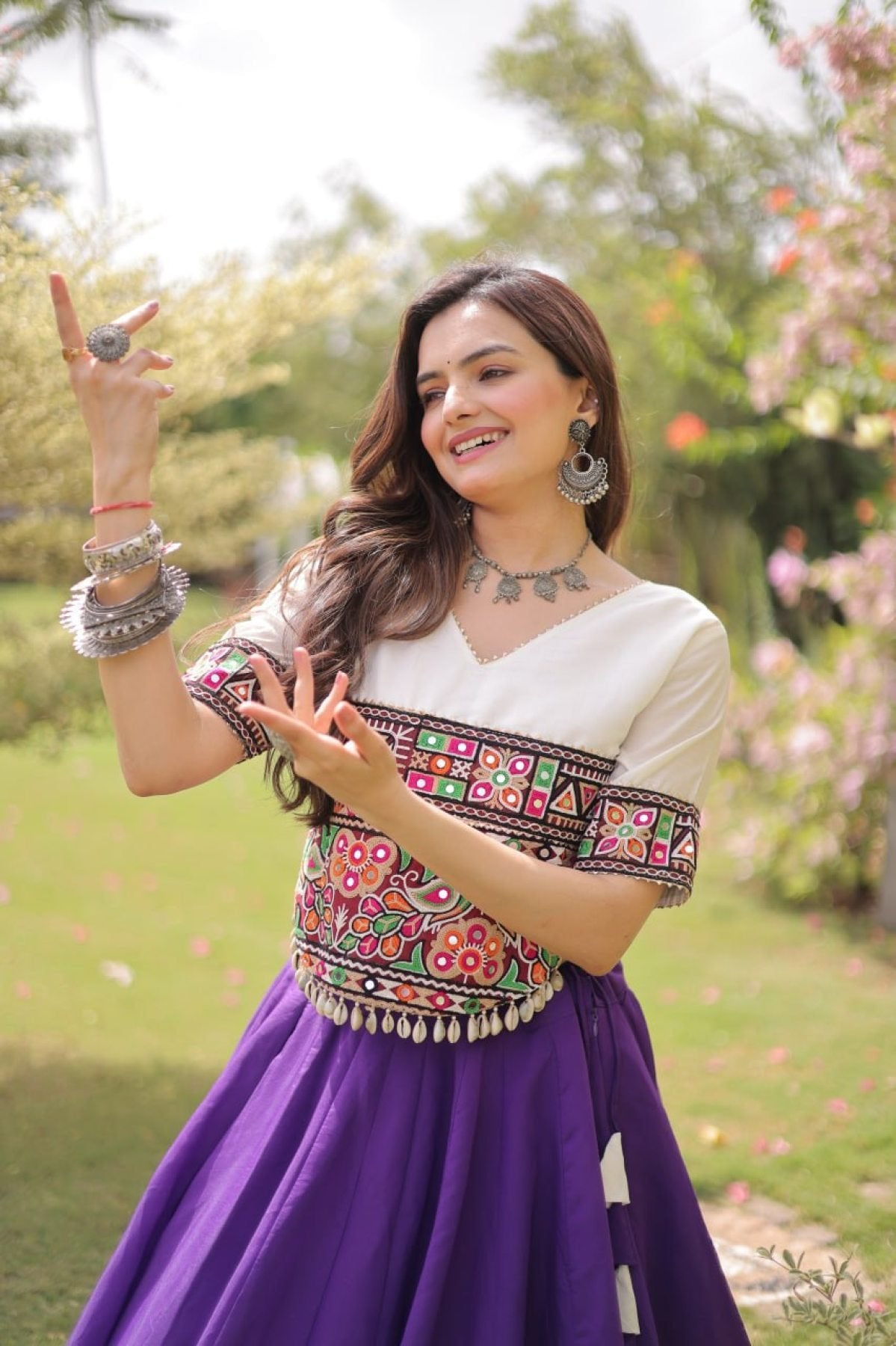 Roman Fabric Navratri Lehenga Choli with Kutchi Gamthi Embroidery Work blouse and dupatta detail