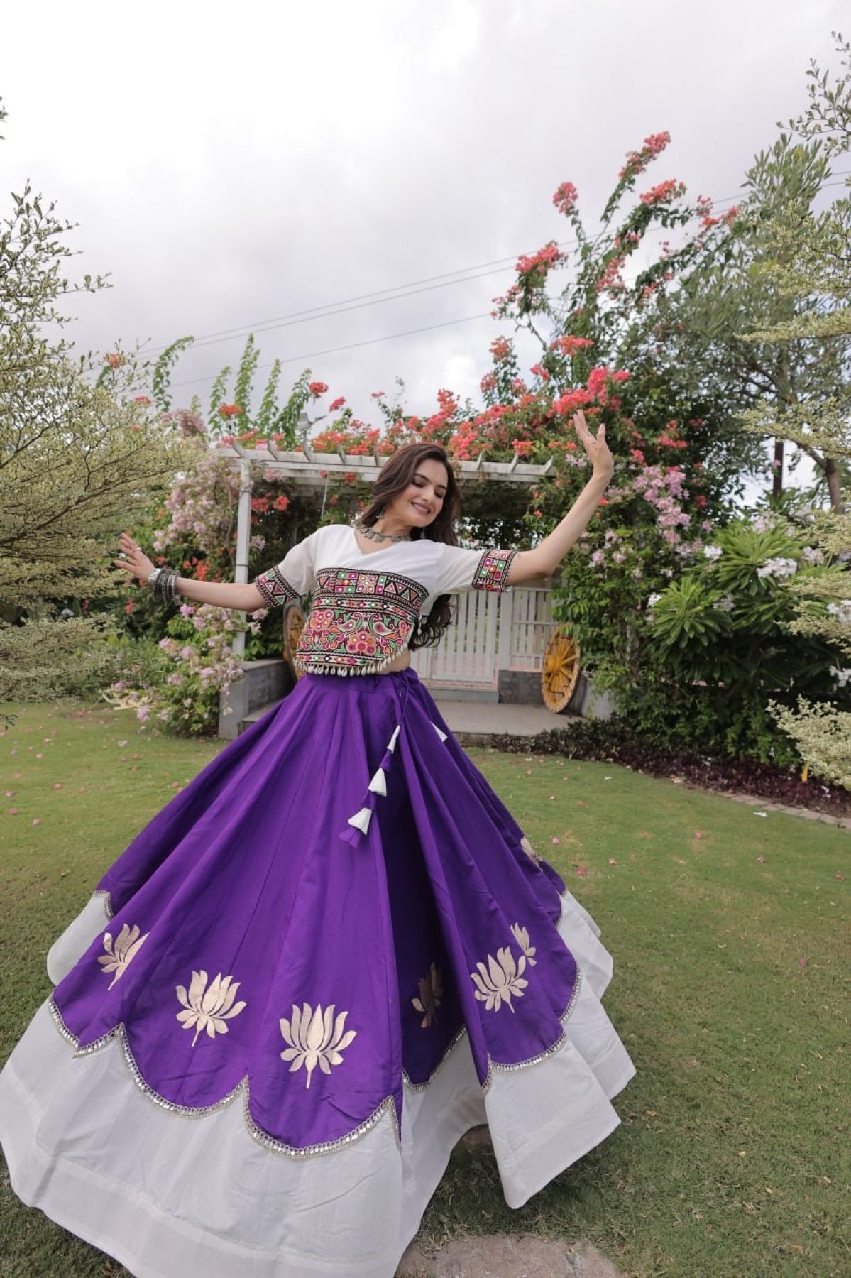 Roman Fabric Navratri Lehenga Choli with Kutchi Gamthi Embroidery Work blouse and dupatta detail