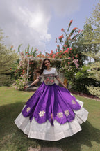Roman Fabric Navratri Lehenga Choli with Kutchi Gamthi Embroidery Work detailed view