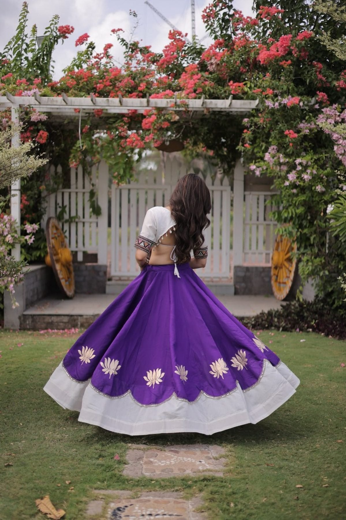 Roman Fabric Navratri Lehenga Choli with Kutchi Gamthi Embroidery Work back view