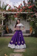 Roman Fabric Navratri Lehenga Choli with Kutchi Gamthi Embroidery Work styling view
