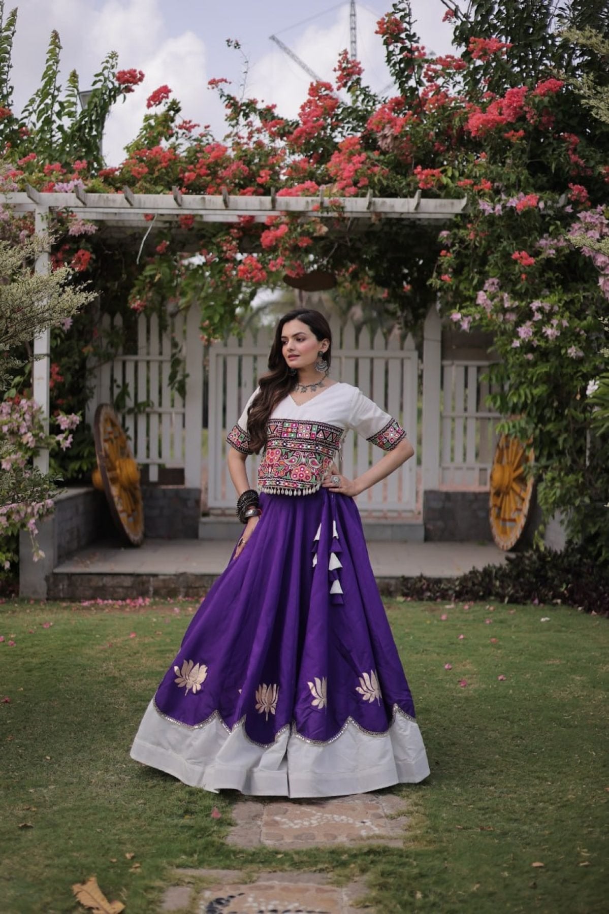 Roman Fabric Navratri Lehenga Choli with Kutchi Gamthi Embroidery Work styling view